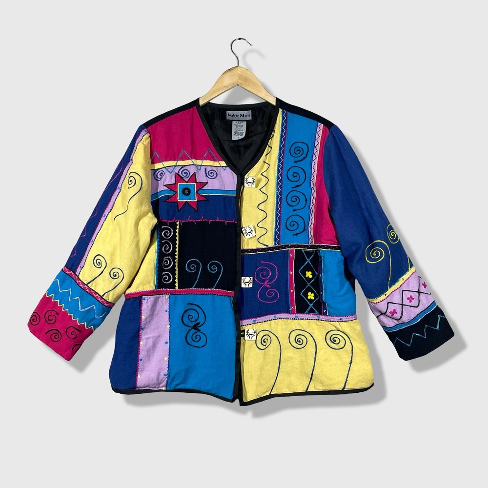 Indigo Moon Patchwork Jacket Womens L Multicolor Boho Art to Wear Embroidered